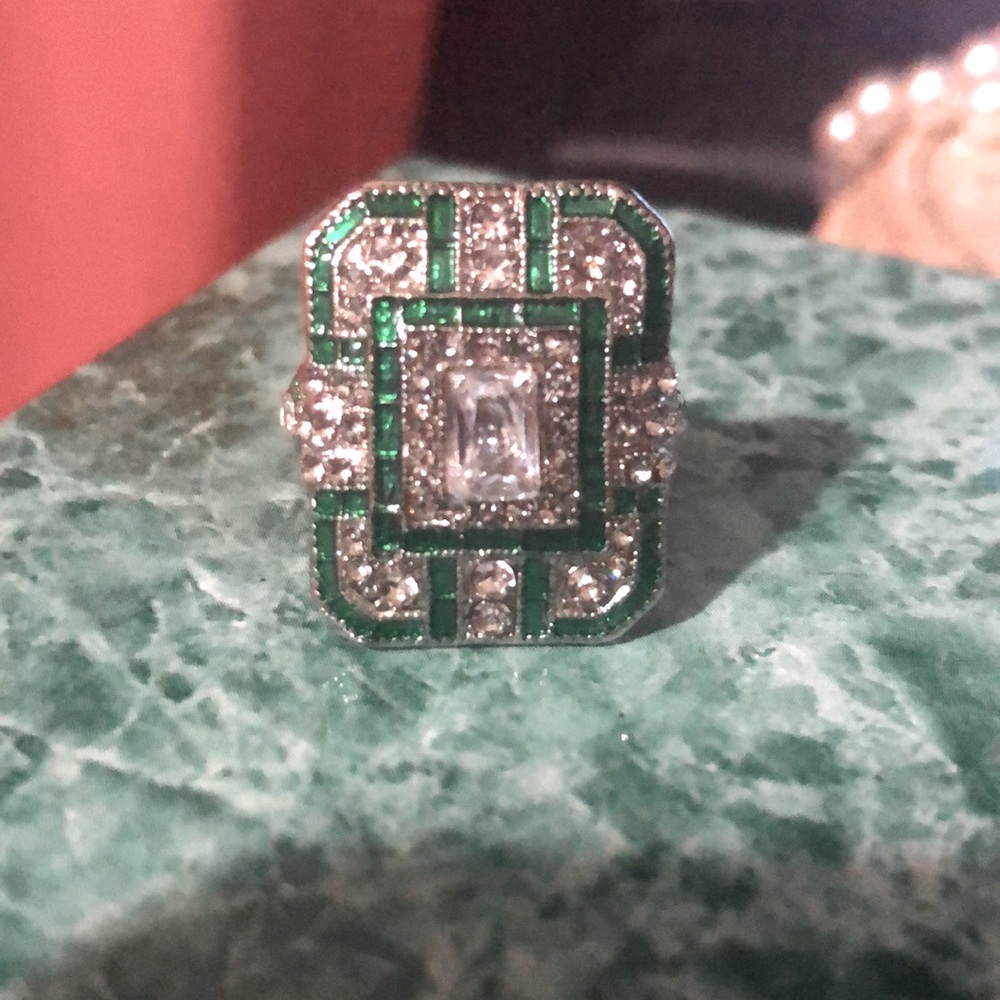 💚Green Emerald Rectangle/Square With Simulated Diamonds💎Wh Gold Filled, Silver